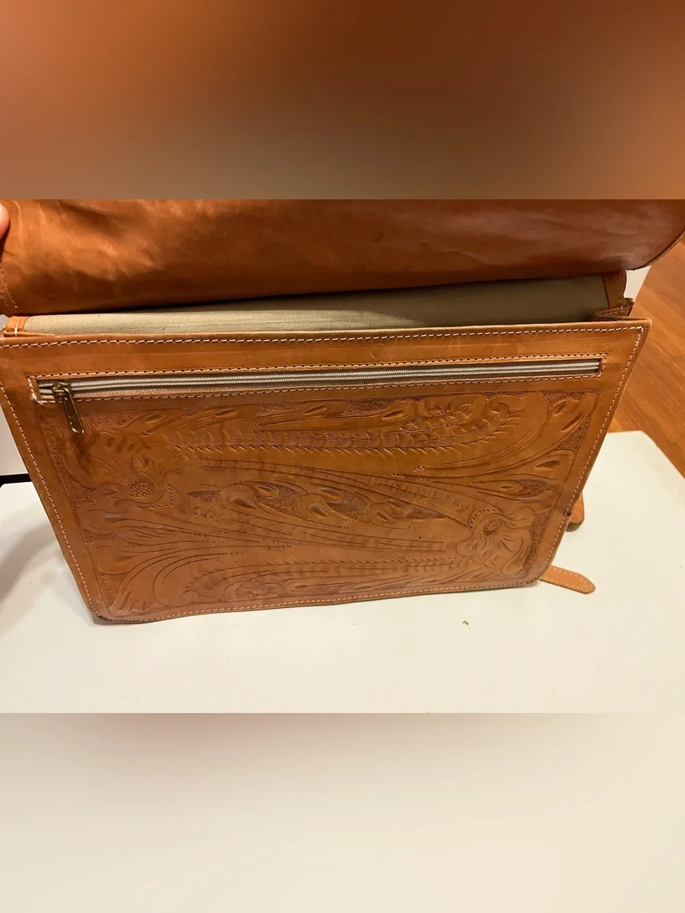 Hand-Tooled Vintage Leather Satchel Bag in Tan